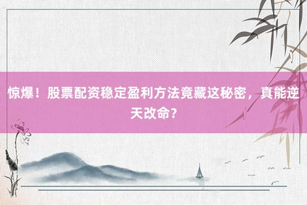 惊爆！股票配资稳定盈利方法竟藏这秘密，真能逆天改命？